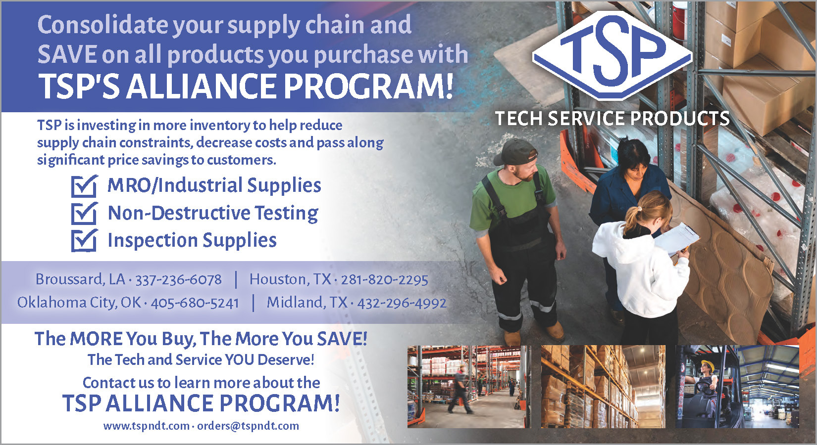 Promotional banner for TSP's alliance program; conslidate your supply chain and save.