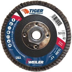 Saber Tooth #50105  4-1/2" TIGER CERAMIC ABRASIVE FLAP DISC, CONICAL (TY29), PHENOLIC BACK,40C, 5/8"-11 UNC NUT Grinding, Flap Disc, Weiler, Abrasive